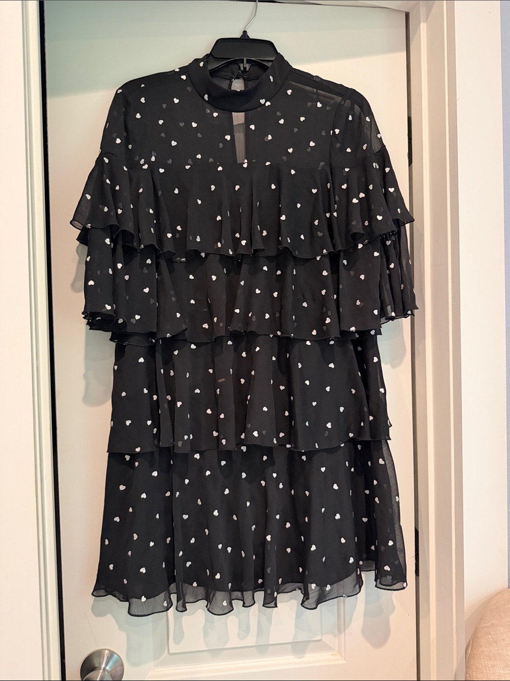 kate spade Black Chiffon Tiered Ruffle Mini Dress with White Heart Print